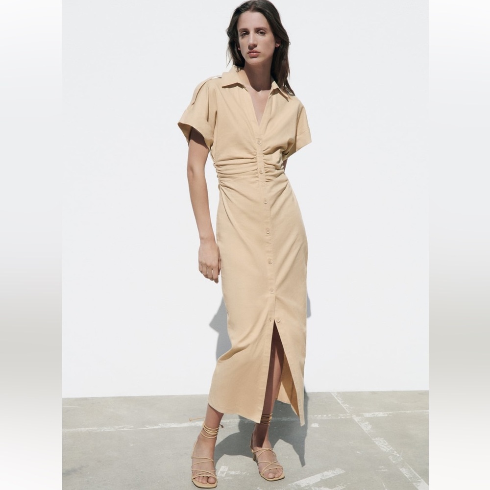 Zara ruched linen blend midi dress